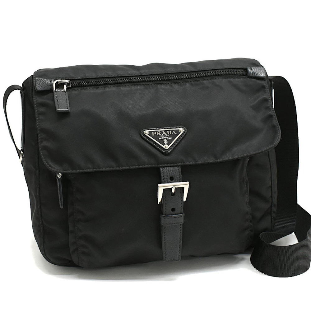 Prada Tessuto Crossbody Bag Leather Black Triangle Plate